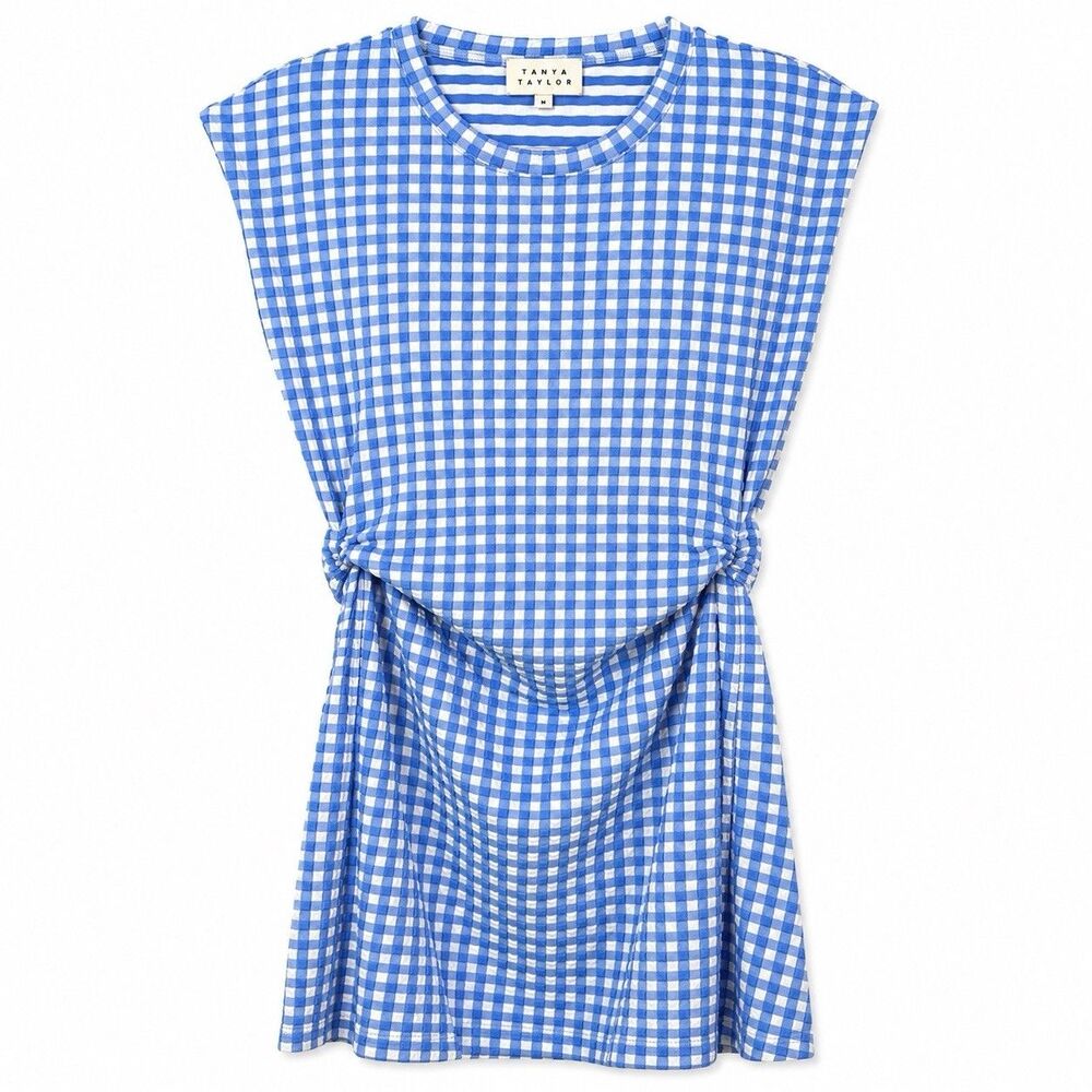 Tanya Taylor Textured Gingham Dress Womens Medium Blue White Check Knit Midi - Picture 1 of 13